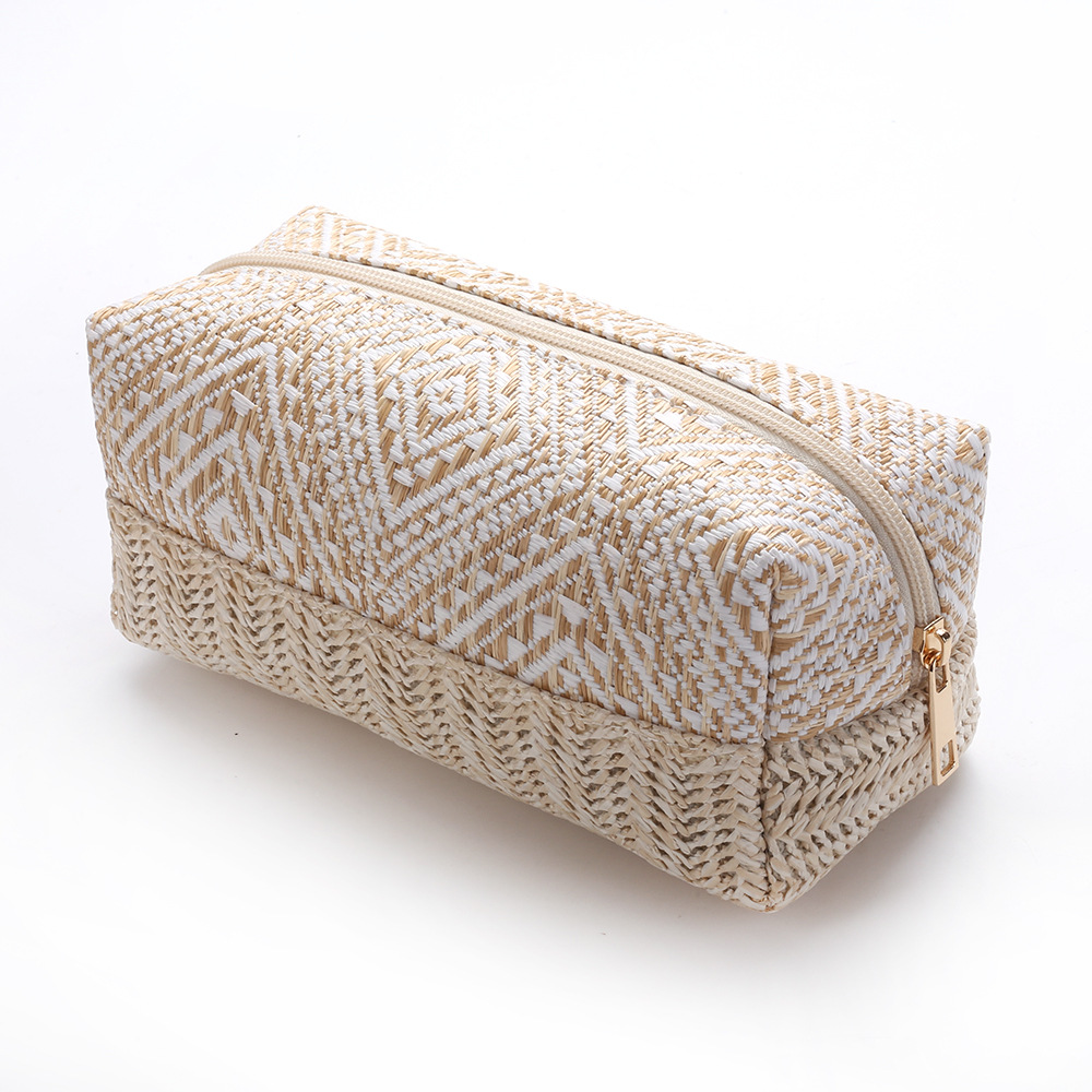 2022夏季新款外贸亚马逊草编编织包格纹小众时尚化妆包手拿包批发