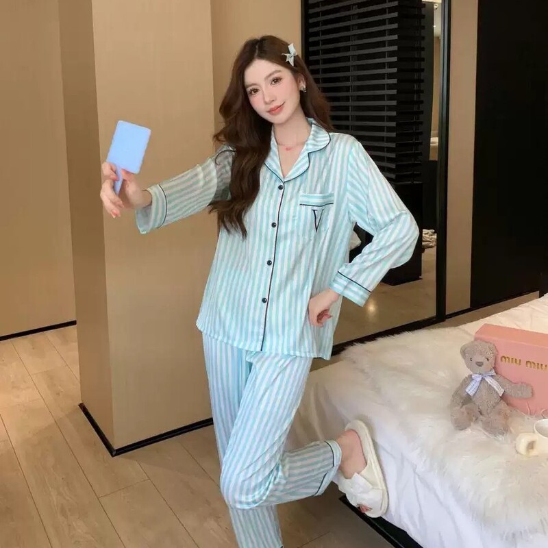 Korean-Style Exquisite Classic Ice Silk Pajamas for Women, Blue and White Striped, Fashionable, Soft, Comfortable, High-End Loungewear Set