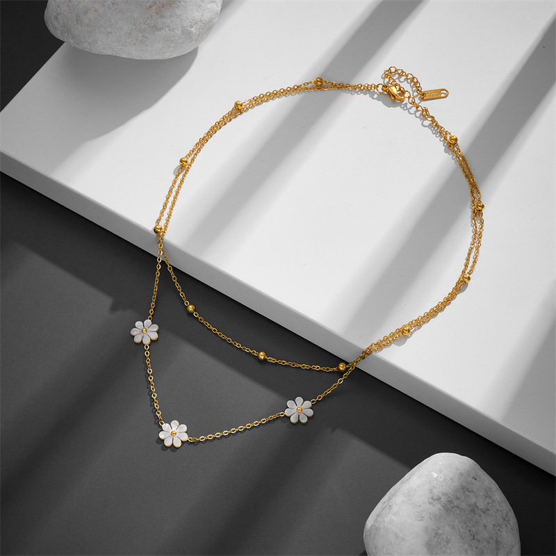 Sweet, Pastoral Style PVD Coated Real Gold Plated 18K Gold Flower Titanium Steel Sweet Pastoral Waterproof Non Tarnish Titanium Steel Layered Necklaces