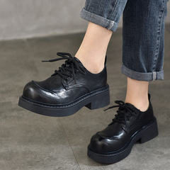 女單鞋真皮粗跟系帶鞋2024春季新款復古百搭圓頭手工鞋深口單鞋女
