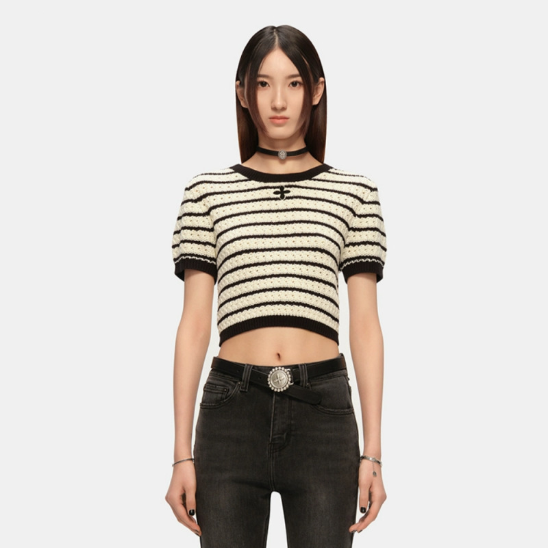 SMFK wilderness wool knitted short Tee contrast color striped slim fit short sleeve inner wear new slim top