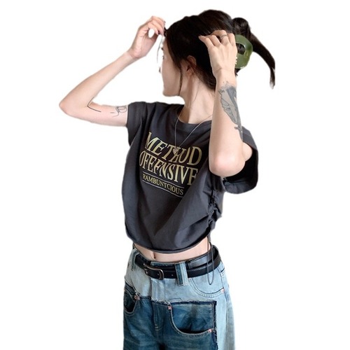 Women's Summer Short Sleeve T-Shirt with Ins Cute Girl Print, Drawstring, Loose Fit, Crop Top, Sexy, Short Length, Wholesale