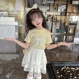 女童蕾丝半身裙套装夏季2026新款儿童夏装女孩烫钻T恤两件套洋气