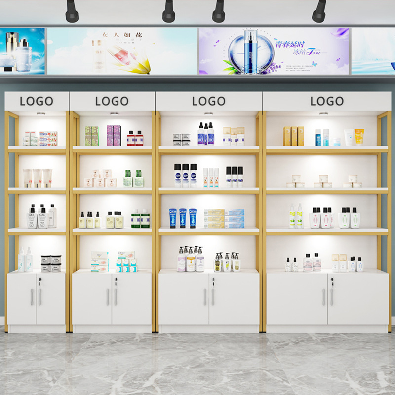Estante de Exhibición para Supermercado, Exhibidor de Cosméticos para Tienda de Belleza, Vitrina de Múltiples Niveles, Estantes de Acero y Madera para Productos de Papelería al por Mayor