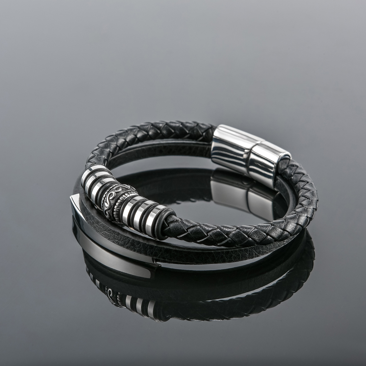 In Stock Wholesale European And American Style Stainless Steel Curved Tag PU Leather Woven Bracelet Men's Wristband_voghion.com
