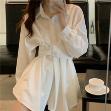 法式白色衬衫女士春秋季新款设计感小众收腰显瘦中长款衬衣连衣裙