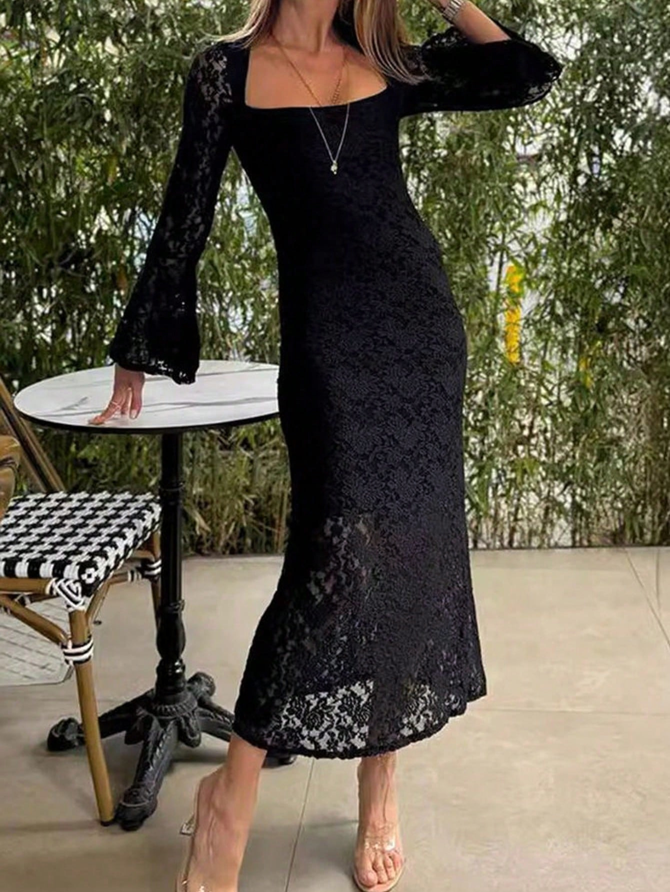 Spring Summer Autumn Women Elegant Lace Stitching Square Collar Bell Sleeve Maxi Dress