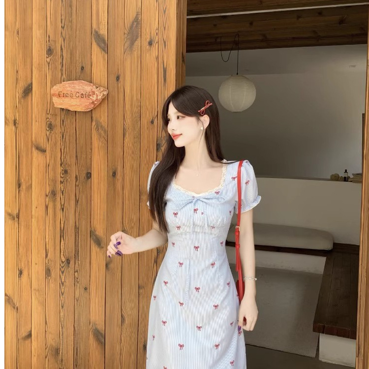 大码法式条纹泡泡袖连衣裙女夏季小清新蝴蝶结裙子胖MM显瘦A字裙|undefined