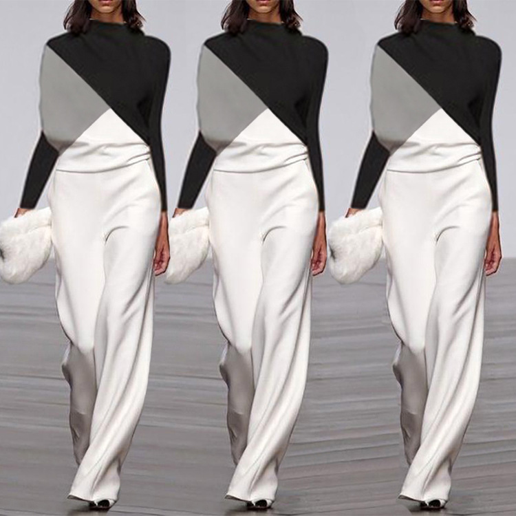 New Black White Color Matching Long Sleeve Creative Jumpsuit