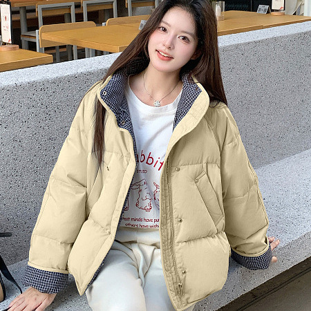 Stand Collar down Jacket for Women, 2025 New Korean Style Short Plaid Patchwork Puffer Jacket, Thickened White Duck down Coat, Trendy