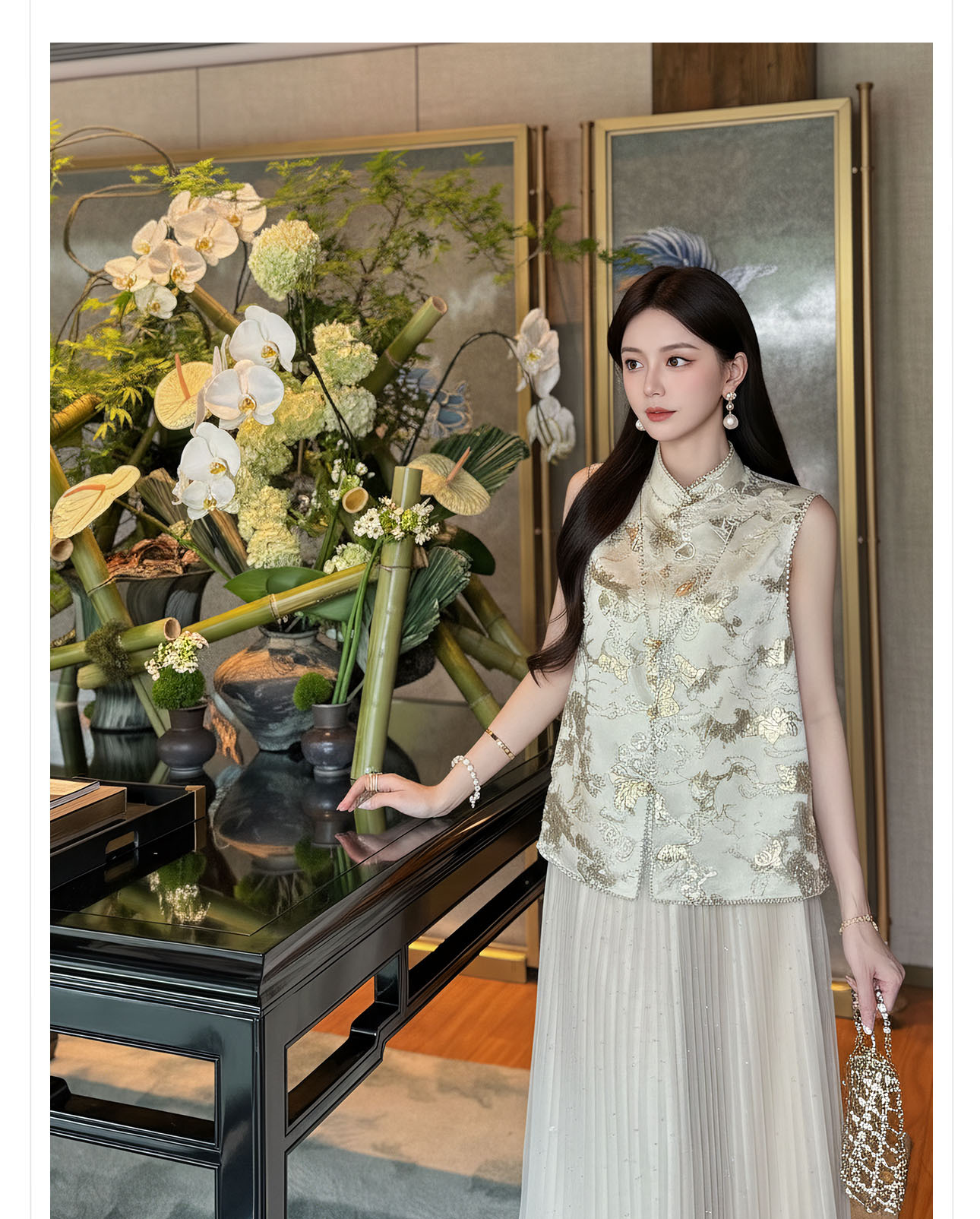 Áo gile hai dây nữ phong cách tân cổ điển cổ đứng thiết kế cao cấp — Vàng hồng chi tiết 10
