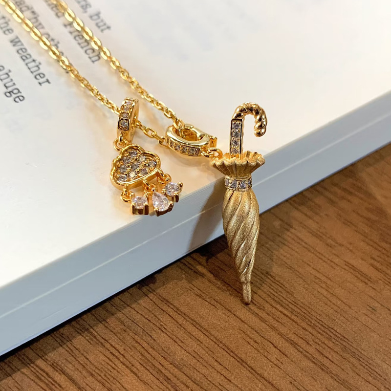 Exquisite S925 Silver Gold Umbrella Cloud Necklace, Feminine Accessible Luxury Brushed Craft Design Retro Style Necklace