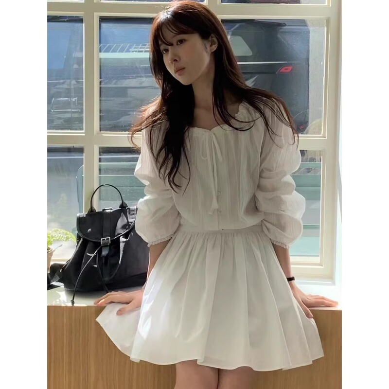 Non-Returnable H2026 Spring New Style Korean Dongdaemun Gentle and Sweet Drawstring Design Lace Shirt + Princess Tutu Skirt