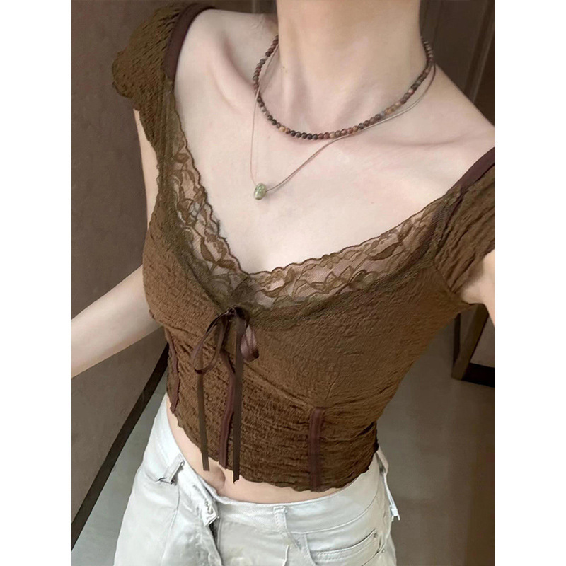Pure Desire Lace Stitching V-Neck Shoulder Short-Sleeved T-Shirt Women's Summer Slim-Fit Tight Waist Slimming Spice Girls Short Lace-Up Top