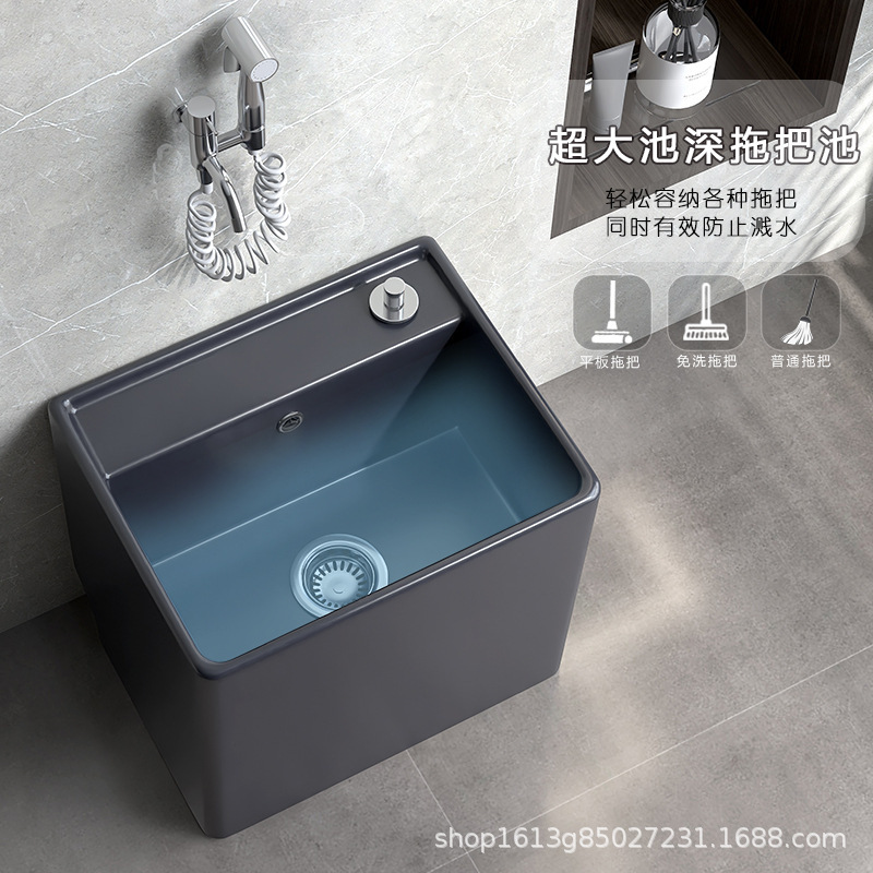 北欧深灰青モップ池家庭用カラー陶磁器モップ池床置き式レトロ大サイズ洗濯モップ溝トランペット|undefined
