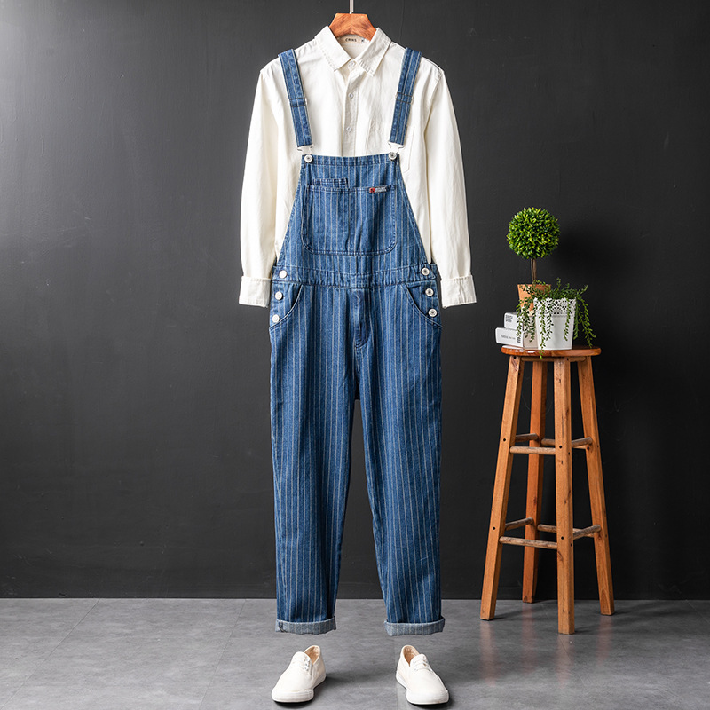 American Style Vintage Tooling Denim Overalls Men's Trendy Brand Straight Loose Jumpsuit Men's Youth Striped Suspender Pants