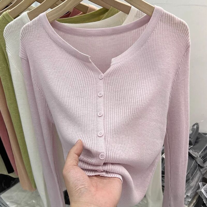 Knitted cardigan women's outer wear spring new Korean style long sleeve soft glutinous bottoming shirt top short sweater coat thin
