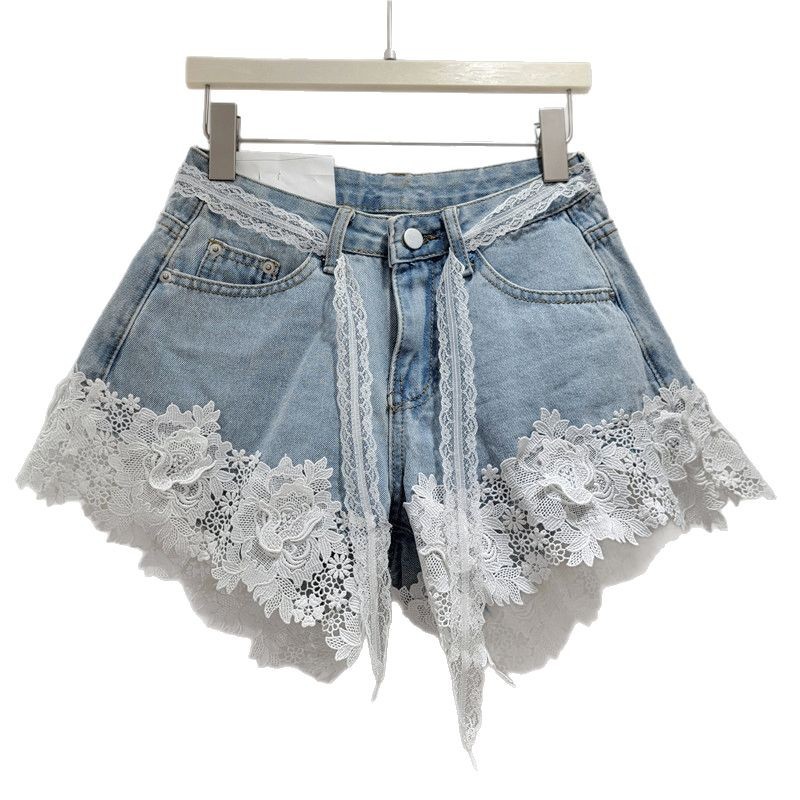 Pantalones Cortos de Mezclilla con Encaje de Mezclilla y Poliéster Detalle de encaje Tiro bajo para Verano image 5