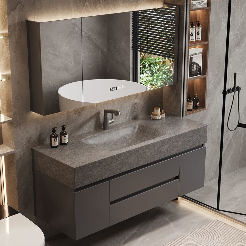 Light luxury style bathroom cabinet with washbasin, gray rock slab, hot-bent integrated basin, integrated sink and basin bathroom cabinet