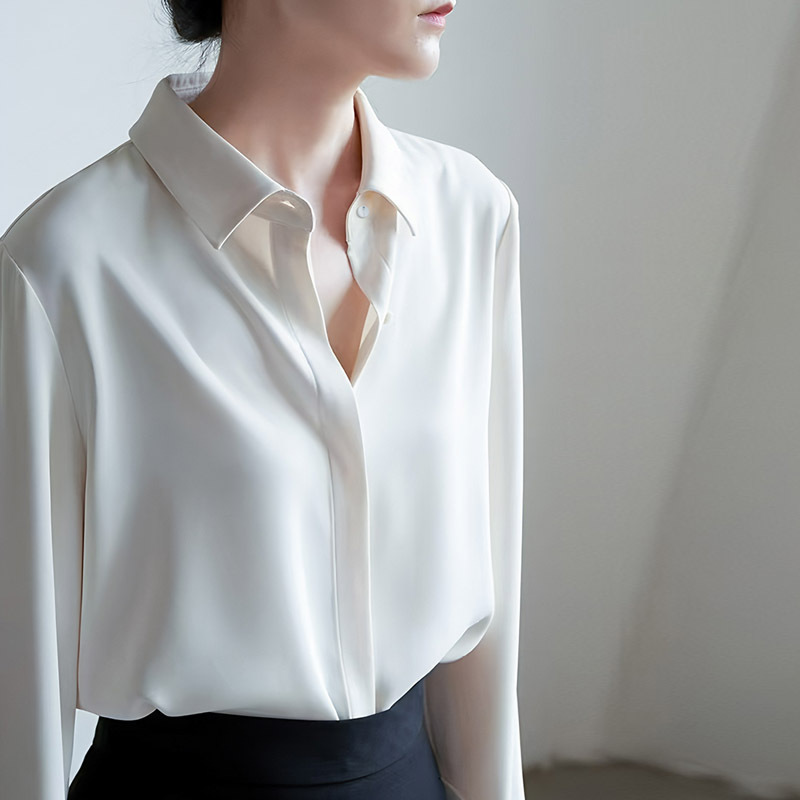 White Acetate Satin Shirt for Women, Long-Sleeved, New Autumn Style, Professional Commuting, Hidden Placket, Drapey Interview Shirt for Women