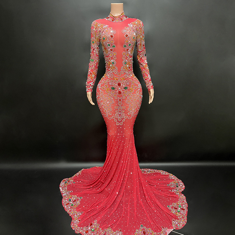 Nocance Valentine's Day Gift Creative 2024 Red Shiny Diamond Dress Women's Elegant Fishtail