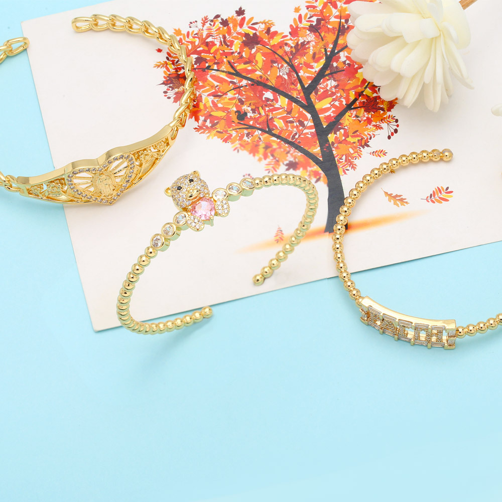 Fashion Love Bear Heart Shape Copper Bangle Gold Plated Zircon Copper Bracelets