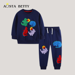 AostaBetty秋季新款男童圆领卫衣套装可爱恐龙绣花中小童卫裤套装