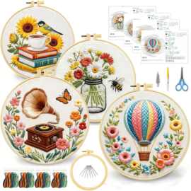 跨境热销新款刺绣 热气球书籍留声机花卉系列套件刺绣手工DIY材料