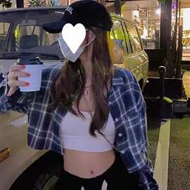 短款格子衬衫女长袖2022秋装设计感复古风小个子露脐上衣