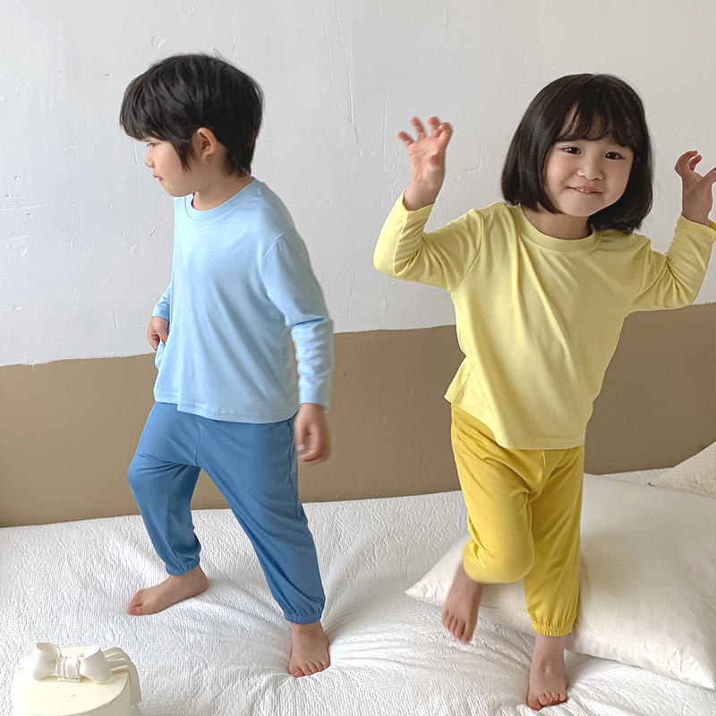 Contrast Color 50 Modal Children's Home Suit Thin Long Sleeve Spring and Summer Rib Breathable Pajamas for Boys and Girls
