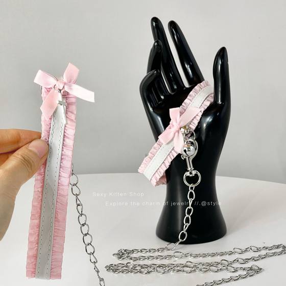 Hand-made Pink White Lace Bow Necklace Puppy Bell Choker Women's M Collar cosplay Necklace Trendy