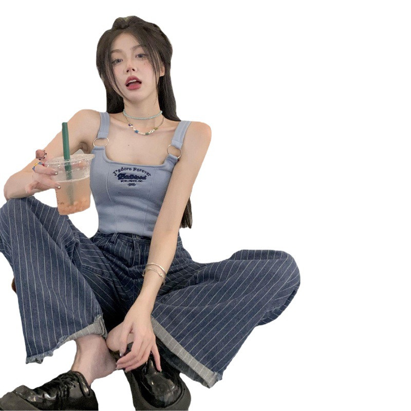 Nueva chica caliente anillo de hierro chaleco pequeño Honda verano viene con almohadilla en el pecho fijo logotipo bordado adelgazamiento Fishbone corto top