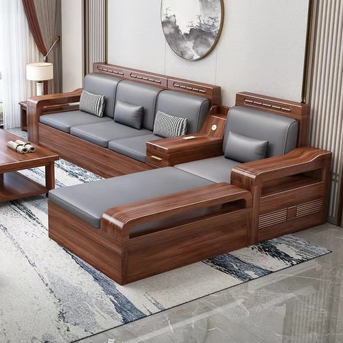 Gold Thread Walnut Wood Solid Sofa Set Modern Chinese Winter and Summer Dual-Purpose Living Room Washable Fabric Storage Sofa