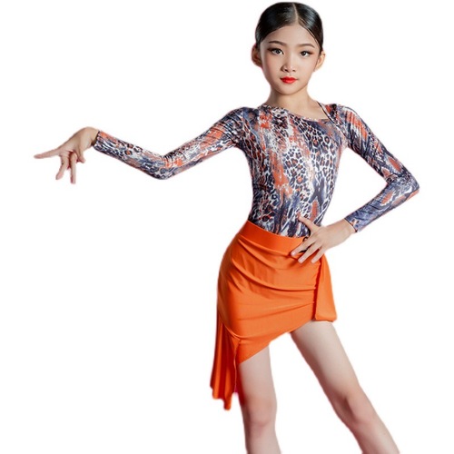 Orange leopard Girls Latin Dance Dress long-sleeved round collar fission Latin performance under training kids salsa latin learning competition dance outfits