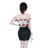 Mesh printed buttocks with contrasting color base short dress