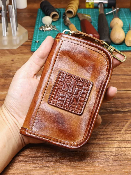 Vegetable Tanned Leather First-layer Cowhide Handmade Key Bag Embossed Large-capacity Zipper Cosmetics Bag Simple Bicycle Key Bag Card Bag