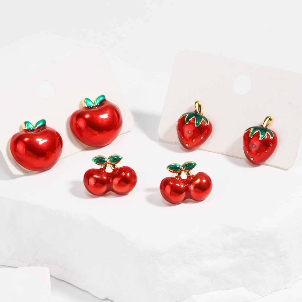 8g Weight Copper Ear Needle Material Ear Studs Classification 1 Pair Quantity Holiday, Daily Occasion Copper Material Cherry, Apple, Strawberry Pattern All Seasons Season Women's Gender Enamel Design Cute Style 1 Pair Cute Cherry Apple Strawberry Enamel Copper Ear Studs 11