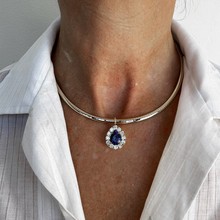 跨境新款蓝色水钻项圈欧美ins风高级感简约水滴吊坠项链necklace