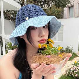 手工缝标爱心拼色圆顶大檐纸草渔夫帽夏季海边度假针织沙滩盆帽潮
