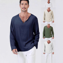 跨境外贸春季新款男士棉麻纯色V领休闲复古宽松大码长袖T恤衬衫