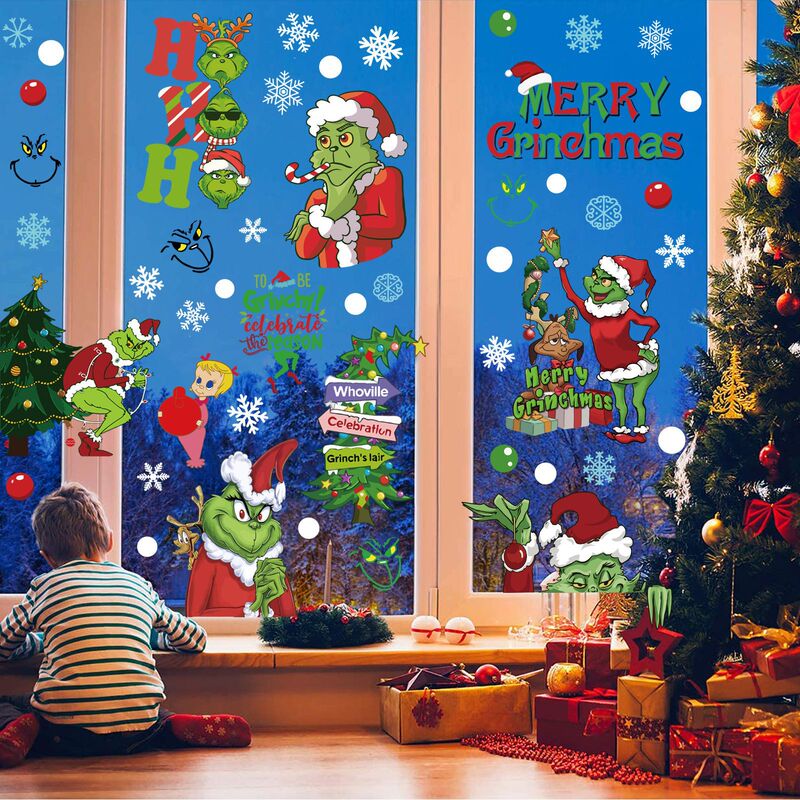 2025新アマゾンクリスマス静電気窓貼り鬼精霊格林奇シールショーウインドーガラス貼りクリスマス怪傑|undefined