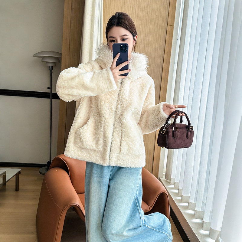 2026 winter new eco-friendly faux fur coat with a hood and fur collar, minimalist and elegant design, women's fur outerwear