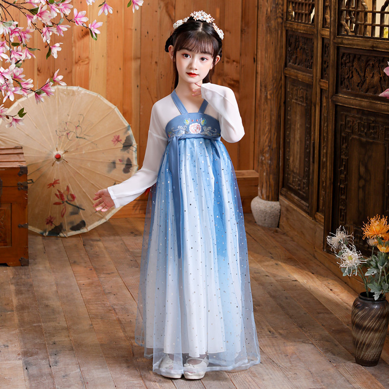 漢服の女の子のスカートのアンドロメダのふわふわした軽紗の夏服の震え音の子供の時代の中国風のワンピースの夏の超仙|undefined