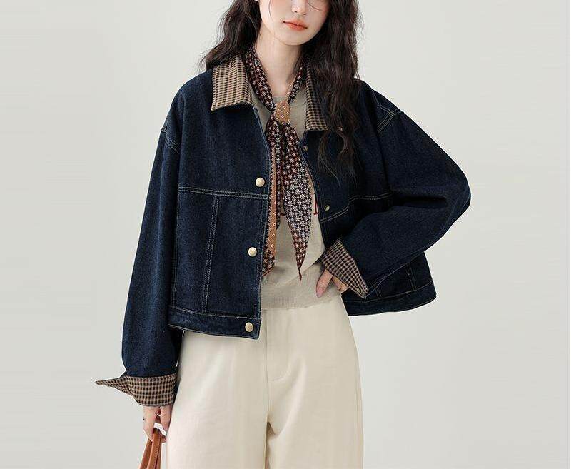 Áo khoác denim nữ ngắn phối caro cổ ve áo tay dài — màu xanh (chất lượng cao) chi tiết 4