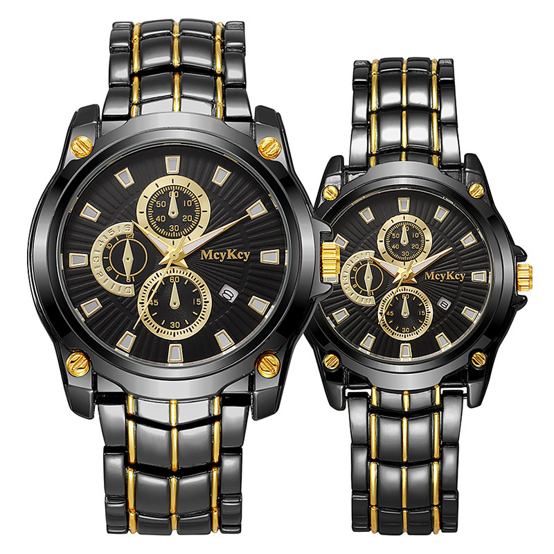 Nuevo reloj de correa de acero de pareja de aleación transfronteriza clásico negocio de tres ojos gran esfera impermeable fábrica de relojes de cuarzo al por mayor