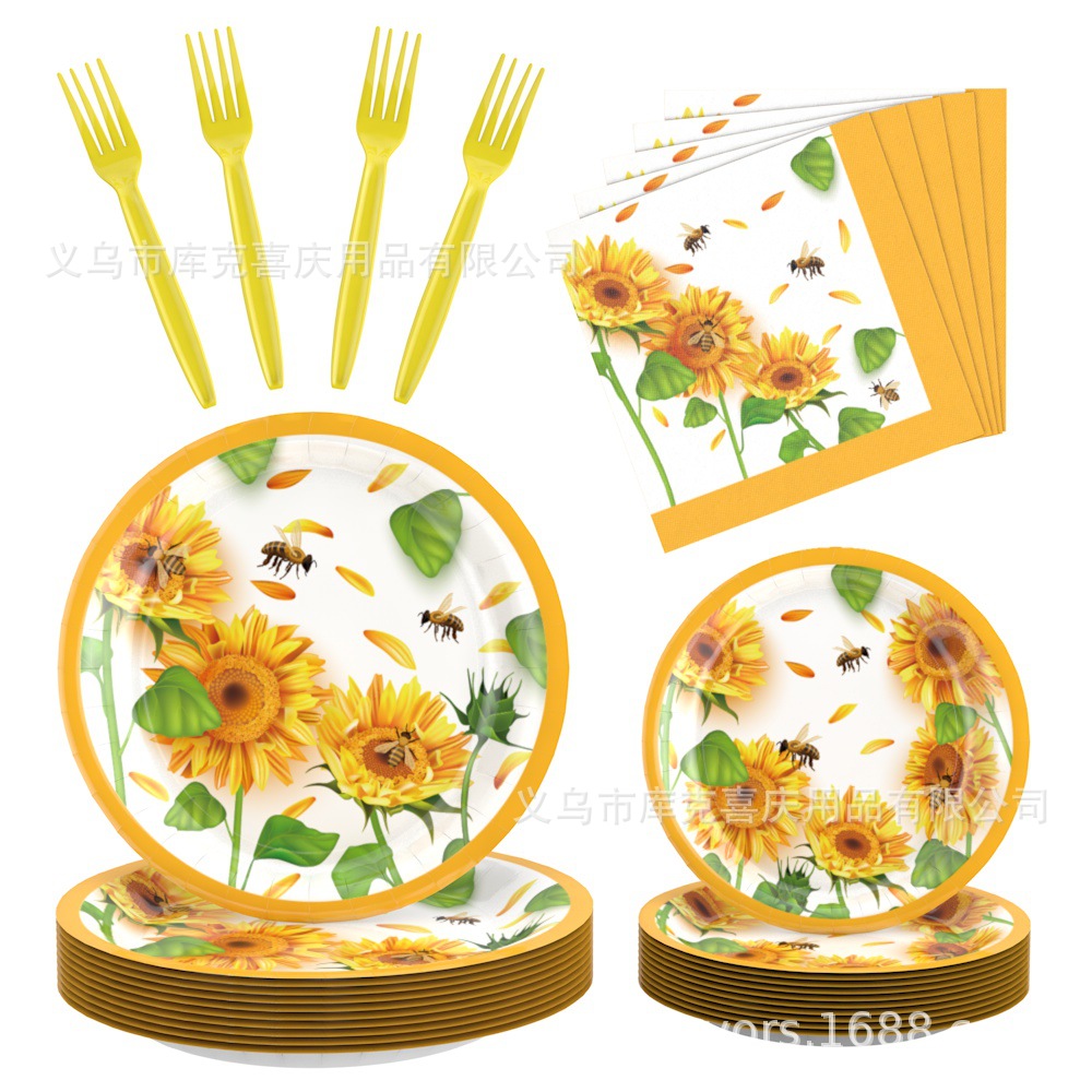 Nuevo juego de platos de fiesta con tema de girasol de acuarela, cumpleaños para niños, bandeja de papel desechable, taza de papel, vajilla de toallas de papel