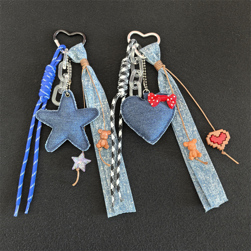 Creative Denim Style Love Five-pointed Star Woven Lanyard Keychain Pendant Fashionable Cool Ins Style Bag Pendant Creative Denim Style Love Five-pointed Star Woven Lanyard Keychain Pendant Fashionable Cool Ins Style Bag Pendant