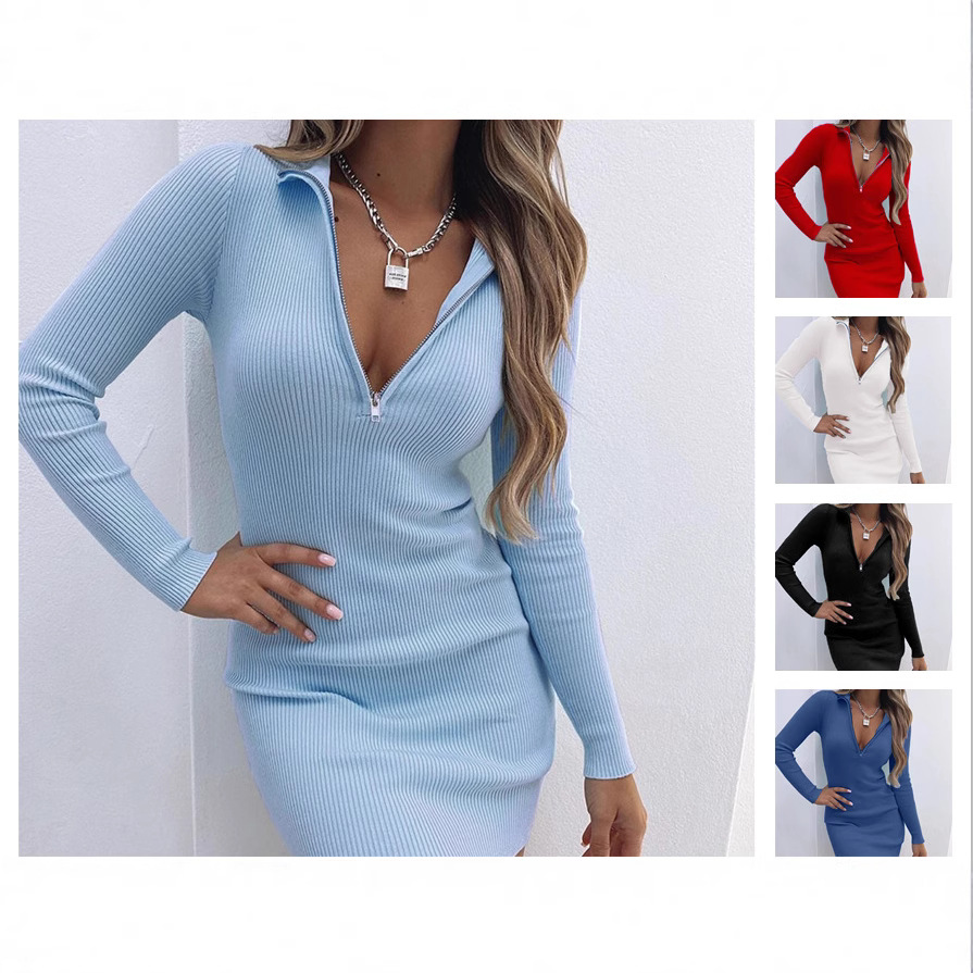 2022 autumn independent station Europe and the United States cross-border Fashion New lapel zipper high waist long sleeve bottoming dress skirt
