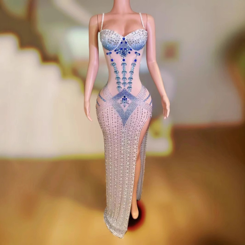 European and American Spring New Women's Wear Diamond-encrusted Sexy Split Long Hip Skirt Strap dress Holiday Model Dress European and American Spring New Women's Wear Diamond-encrusted Sexy Split Long Hip Skirt Strap dress Holiday Model Dress