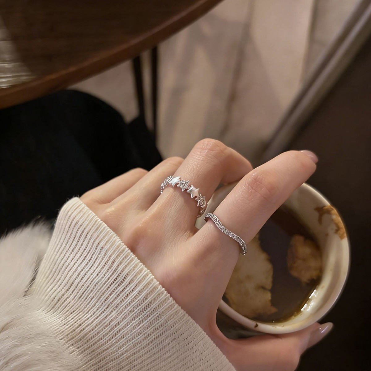 S925 Sterling Silver Minimalist Brushed Sparkling Diamond Star For Women, Adjustable Open Design, Niche High-End Light_voghion.com